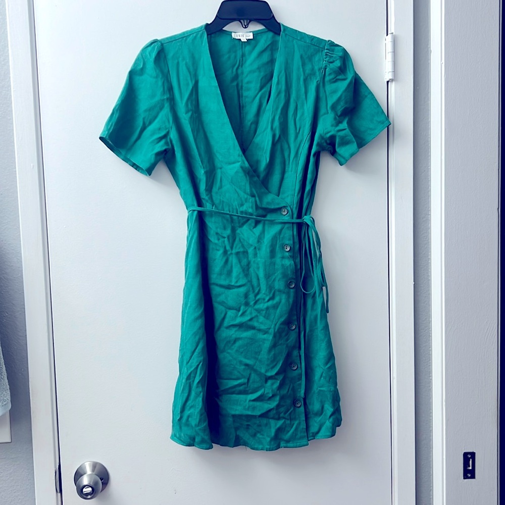 Linen Green Wrap Mini Dress
